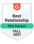 Logotipo del Premio G2 del ganador en la categoría “Mejores relaciones” en el Informe de otoño de G2 (segundo semestre de 2021)
