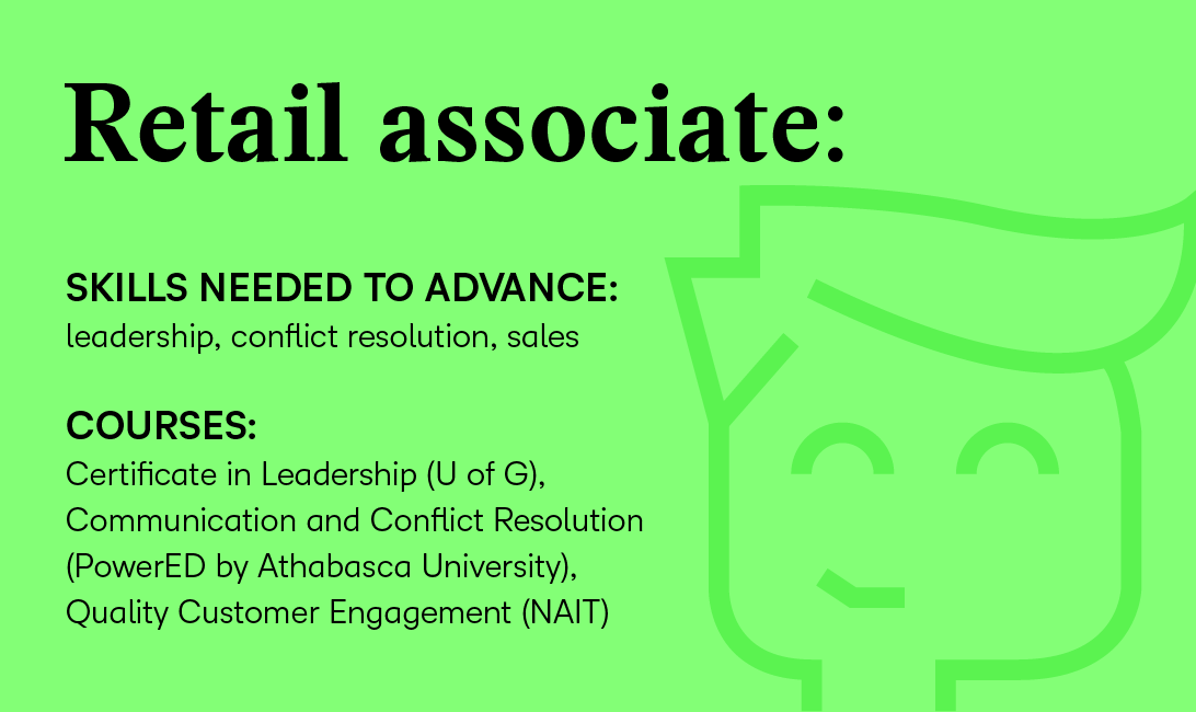 Retail associate: Skills needed to advance: leadership conflict resolution sales Courses: Certificate in Leadership (U of G) Communication and Conflict Resolution (PowerED by Athabasca University) Quality Customer Engagement (NAIT)