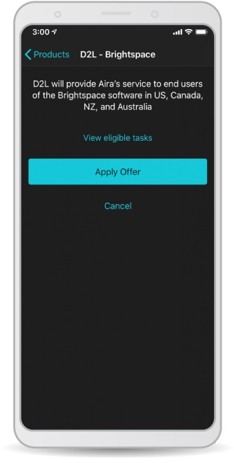 Screenshot on mobile device: Aira app Brightspace Offer page