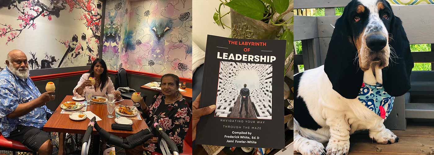 A montage of photos: elementary teacher Nilmini Ratwatte-Henstridge and her parents smile at a restaurant, a photo of a book of leadership, and Nilmini Ratwatte-Henstridge's basset hound