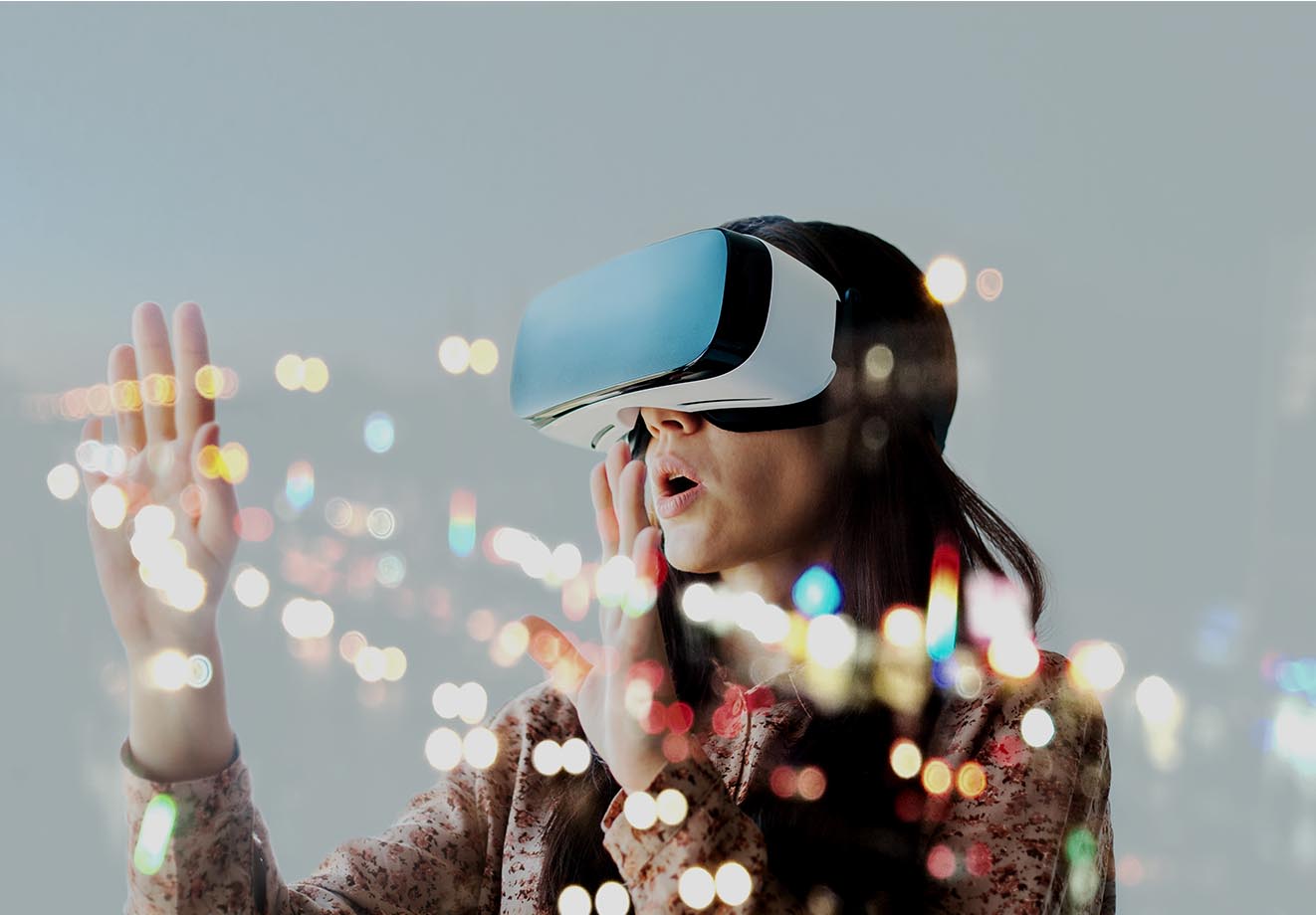 Woman wearing virtual reality headset.