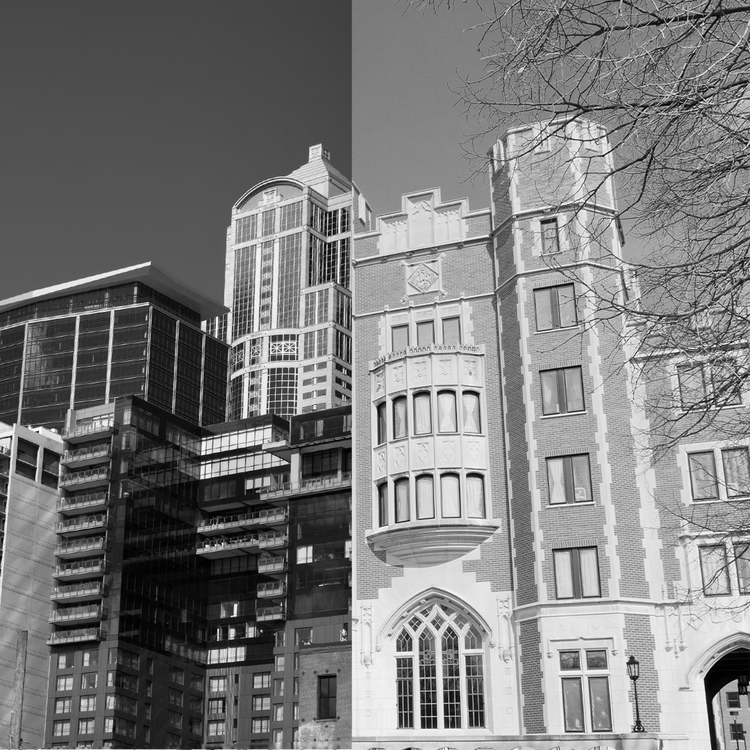 A split image of a skyscraper and college building.
