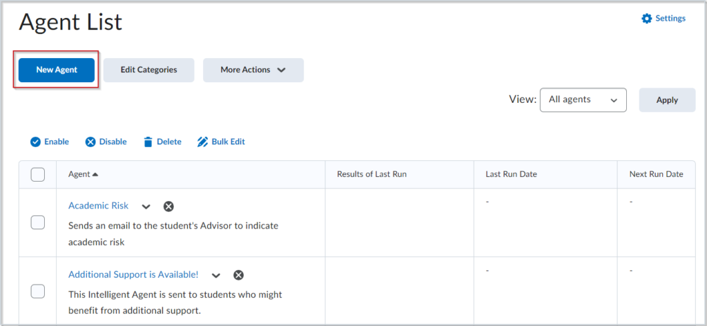 Screenshot of the D2L Intelligent Agents dashboard showing a list of automated agents like “Academic Risk” and “Additional Support is Available,” along with options to create a new agent, edit categories, or bulk edit settings.