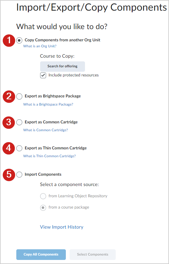 Screenshot of the Import/Export/Copy Components interface in D2L, displaying options to copy course content, export as different cartridge formats, or import from a course package or learning object repository.